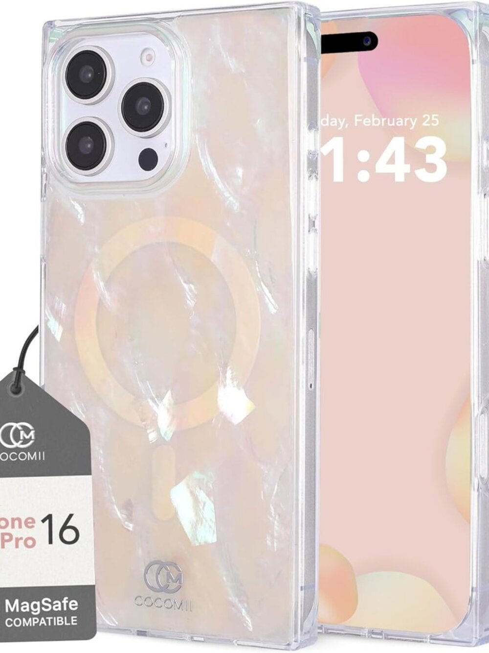 COCOMII iPhone 16 Pro Rectangle Case MagSafe Compatible Real Mother of Pearl